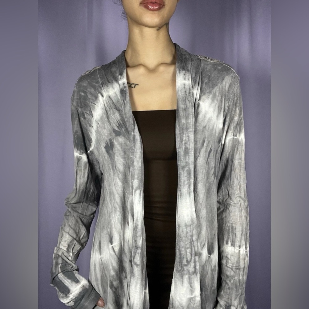 Leparispetit Grey & White Open Front Tie Dye Cardigan Womens Size L Crochet Back